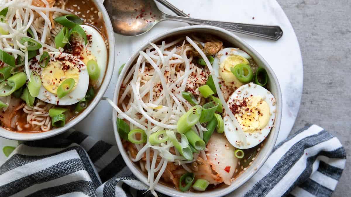Two servings of Kimchi Ramen Noodle Soup.