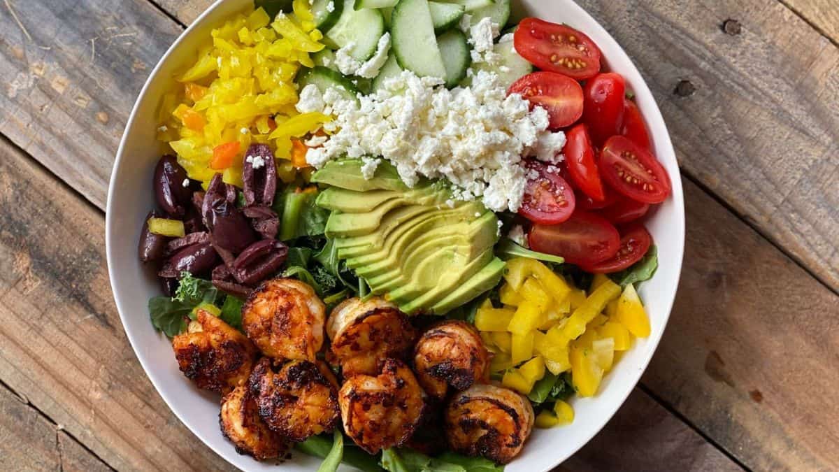 A serving of Lettuce Salad with Shrimp & Avocado (Greek Style).
