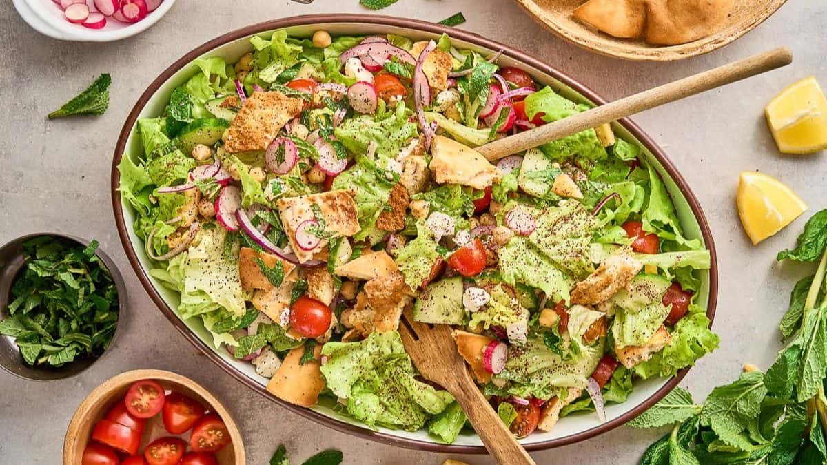 Loaded Fattoush Salad served in a bowl. 