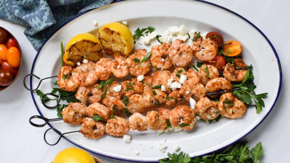 A few pieces of Mediterranean Grilled Shrimp Skewers. 