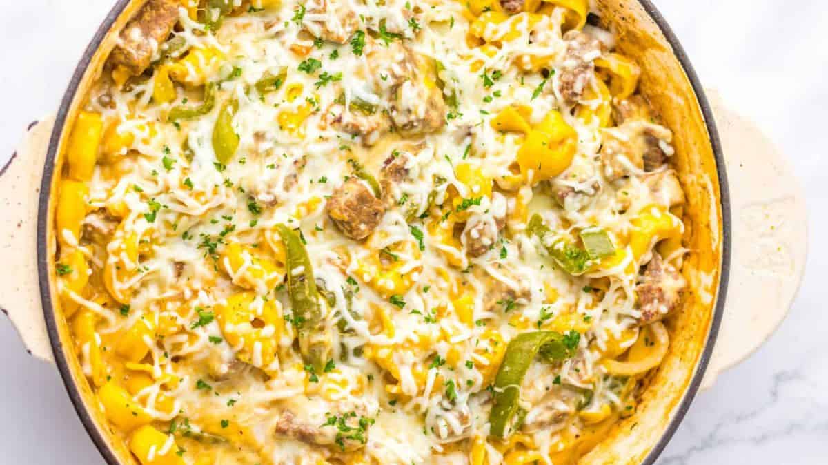 One-Pot Cheesesteak Tortellini on a casserole.