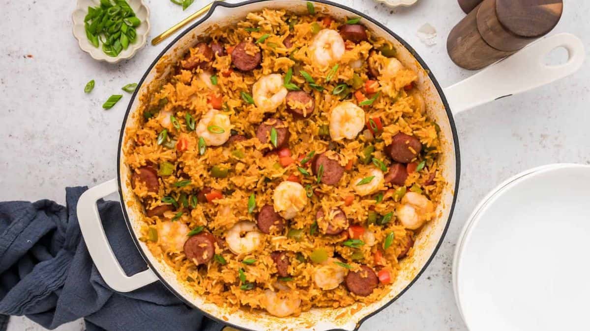 Shrimp Dirty Rice in a pan.