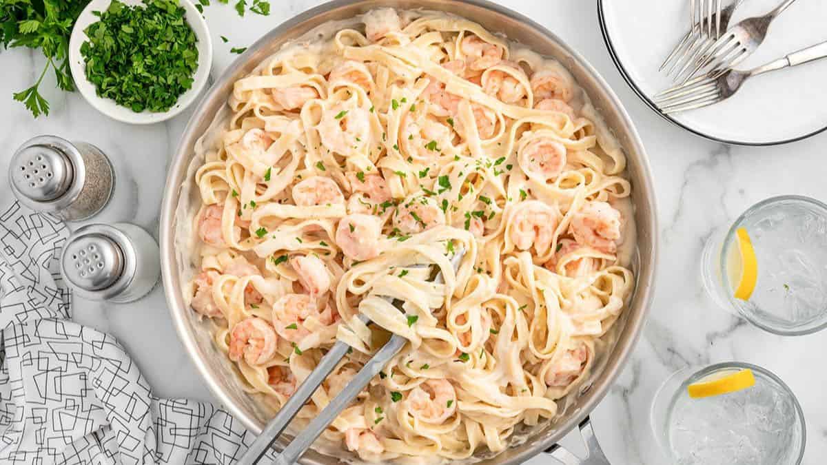 Shrimp Pasta Alfredo in a pan.