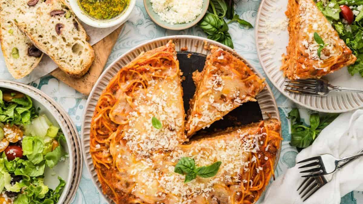Spaghetti Pie served on a plate.