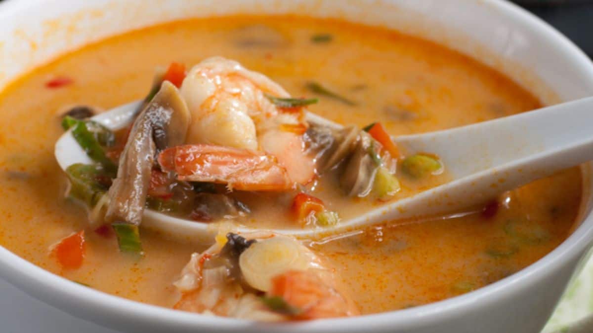 Thai Coconut Shrimp Soup served in a bowl. 