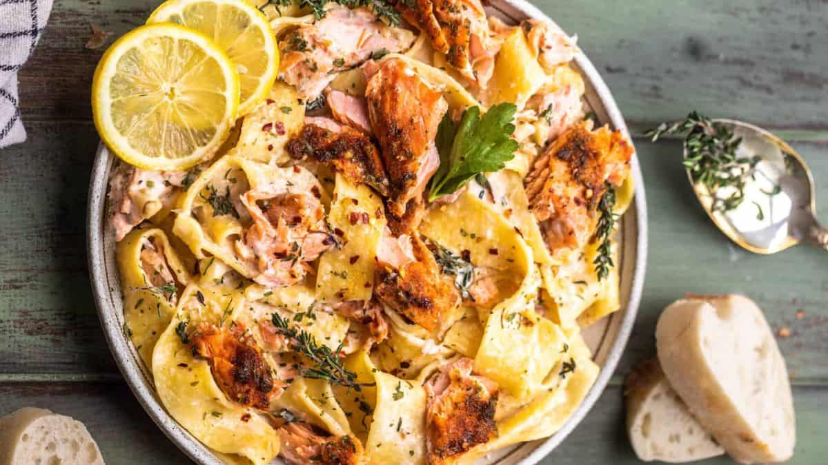 A serving of creamy Salmon Pasta.