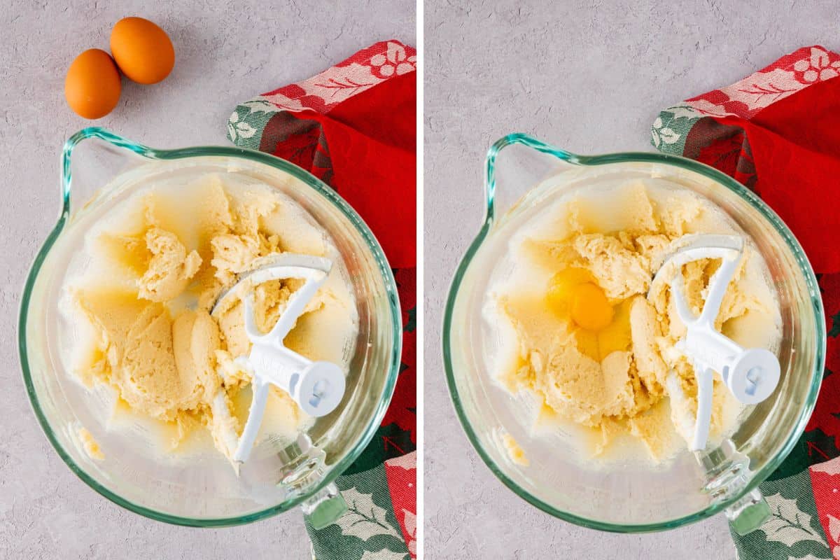 creamed butter and sugar on the mixing bowl and with egg