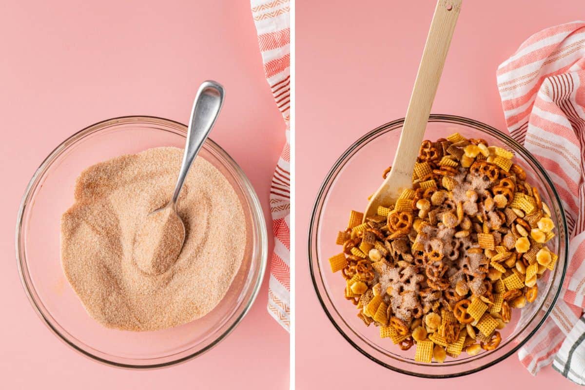 Sugar and cinnamon in a mixing bowl ans chex and oyter crackers mix with sugar and cinnamon