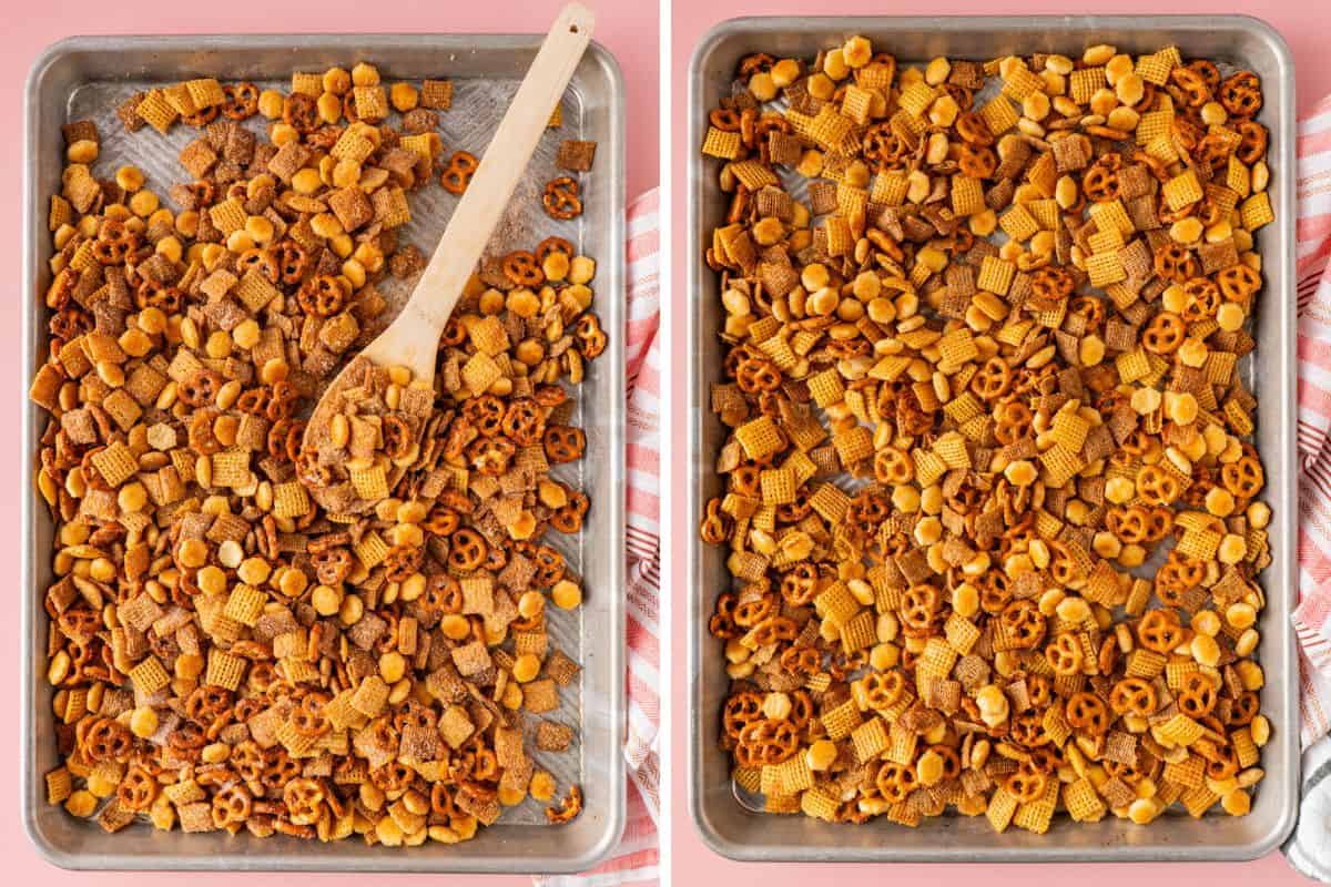 chex and oyster crackers on a tray and baked chex mix and oyster crackers on the other.