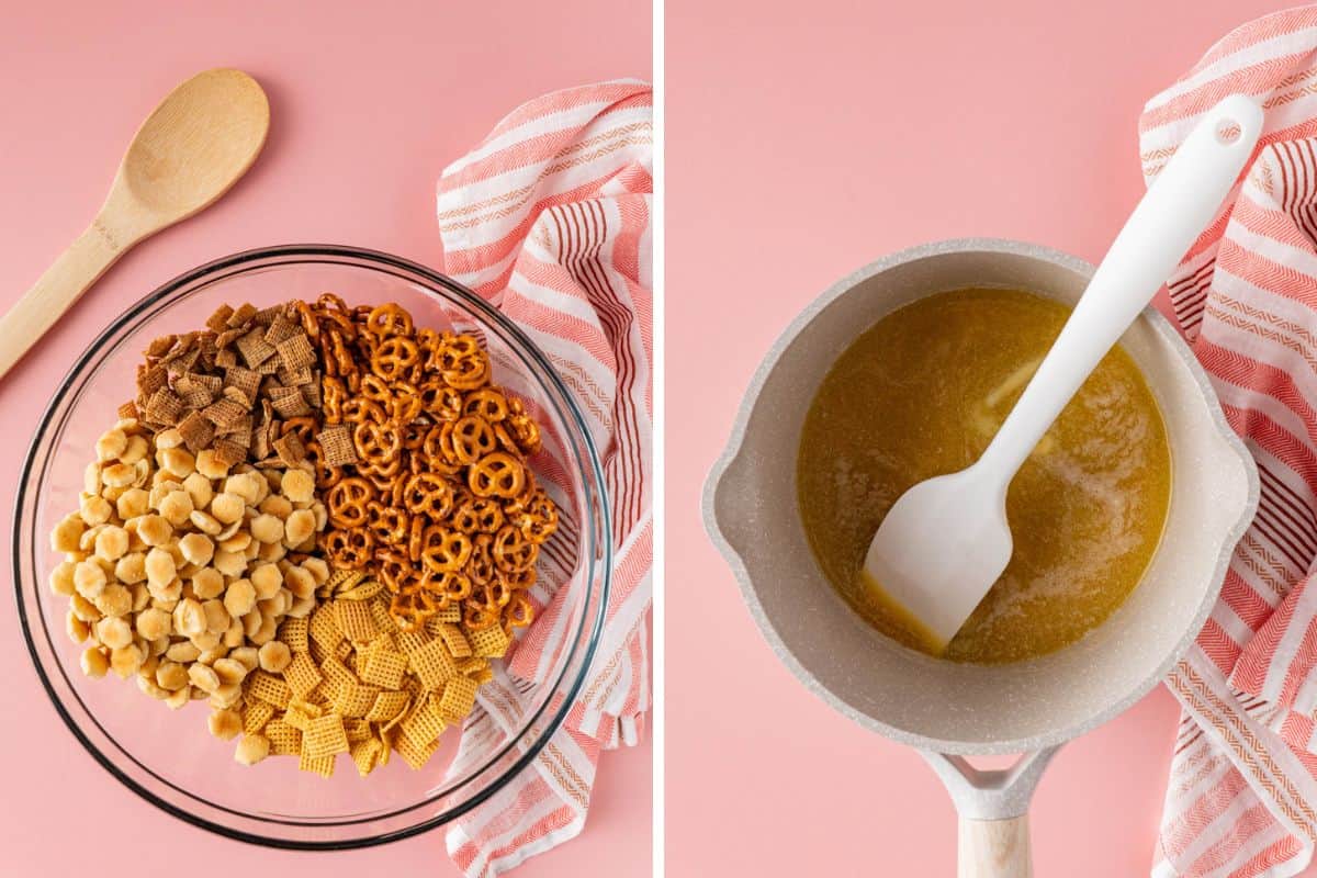 wheat chex, corn chx, mini pretzels, and oyster crackers in a large mixing bowl and melted butter and maple syrup in a sauce pan