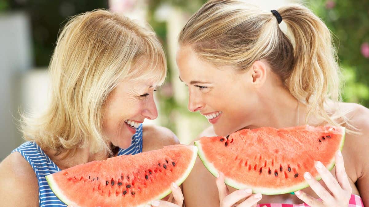 mom and daughter with watermelon