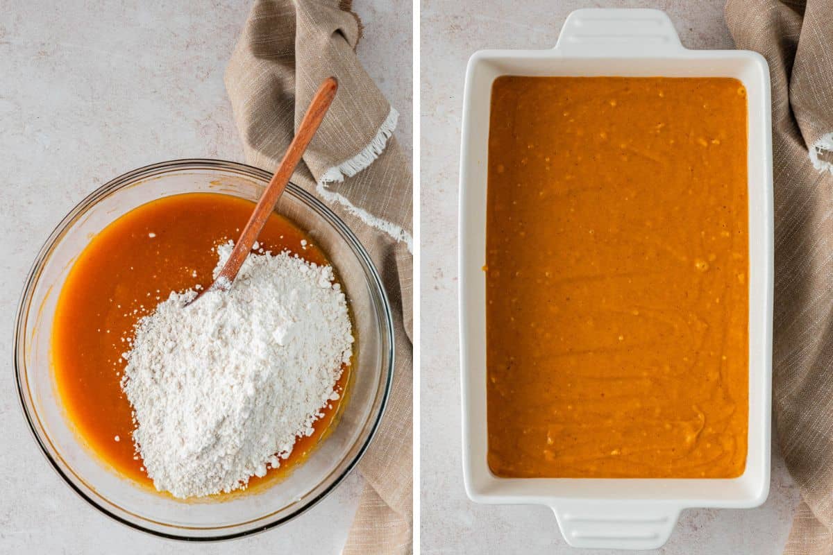 flour added to the mixing bowl and cake batter transferred to the baking dish