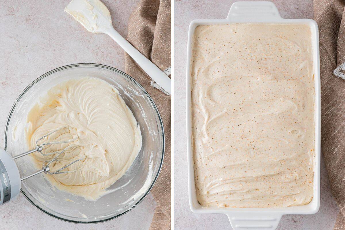 beated cream cheese in a mixing bowl and cream cheese frosting spread in the caked