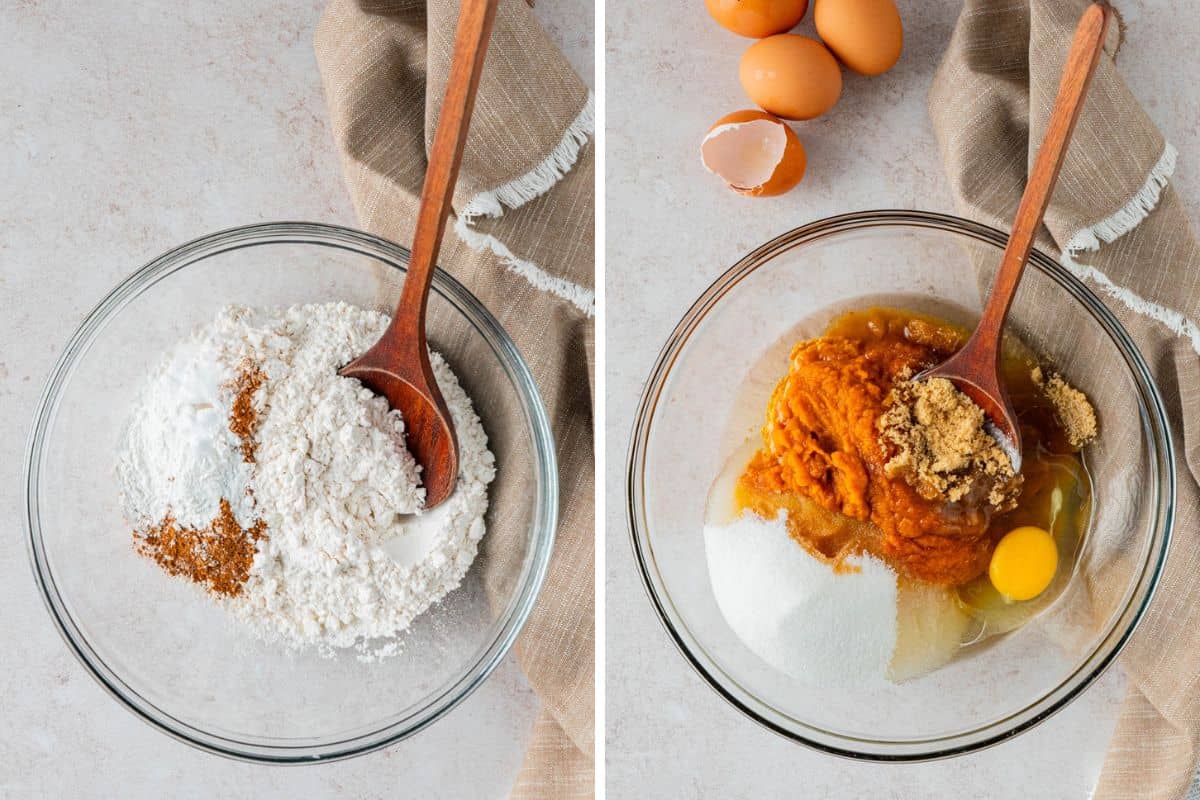 dry ingedients in a mixing bowl and wet ingredients added to the other bowl