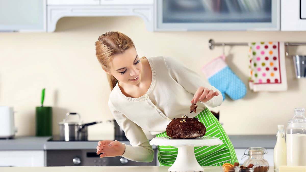 woman baking chocolate cake