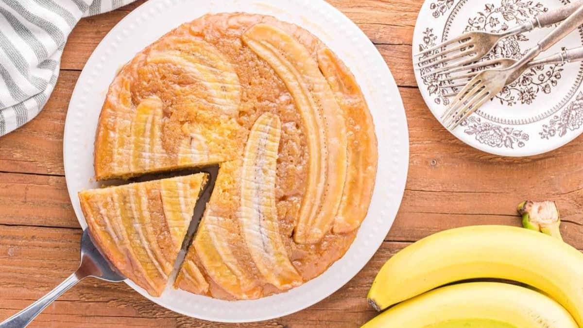 Banana Upside-Down Cake served on a plate.
