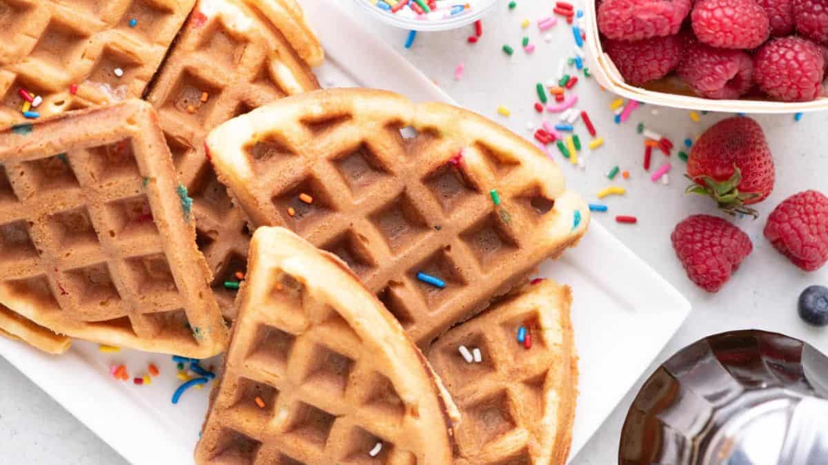 A couple of pieces of Cake Mix Waffles.