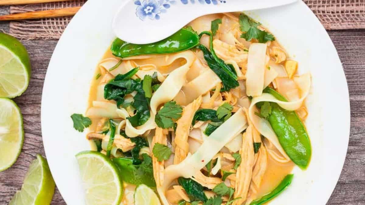 A serving of Coconut Curry Chicken Noodle Soup.