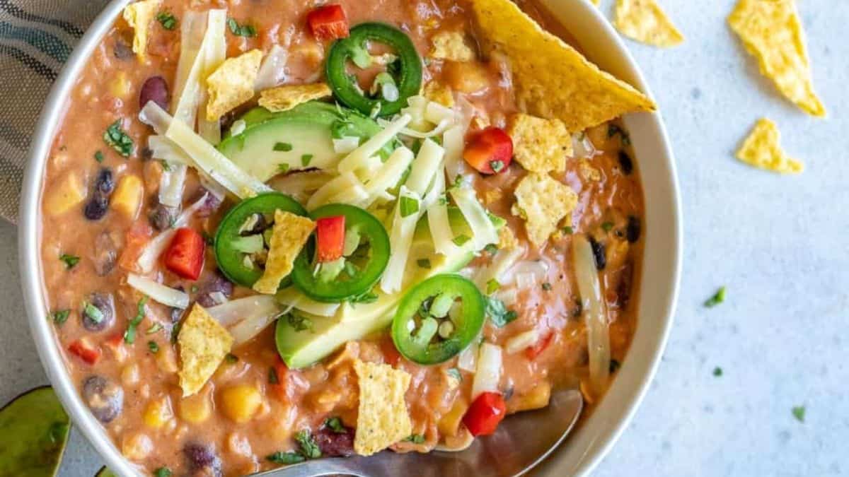 A serving of Crockpot Vegetarian Tortilla Soup.