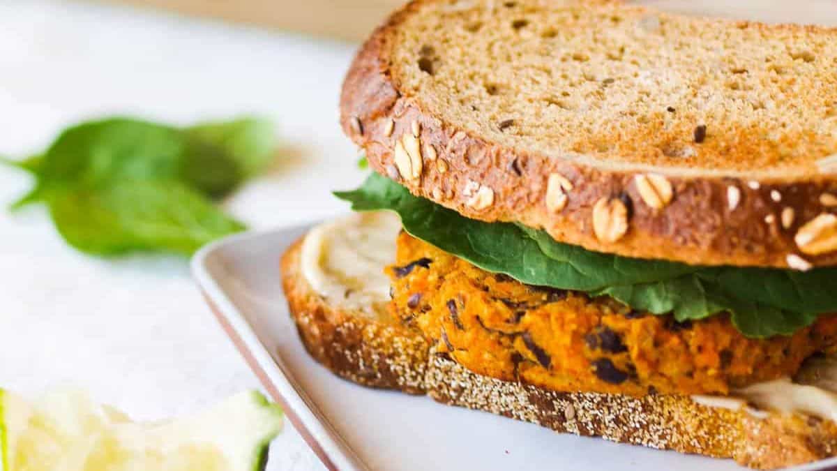A serving of Cuban Sweet Potato & Black Bean Burgers.