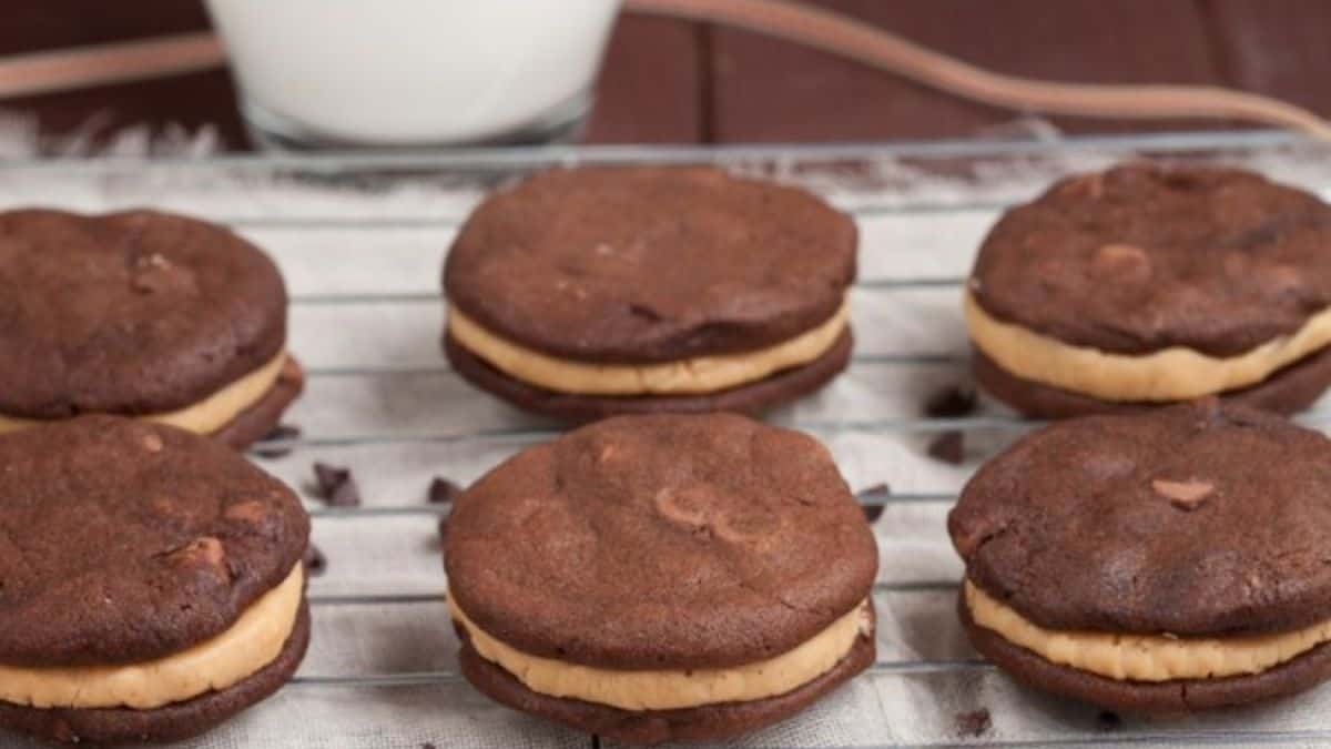 A few pieces of Fudgy Chocolate Peanut Butter Sandwich Cookies.