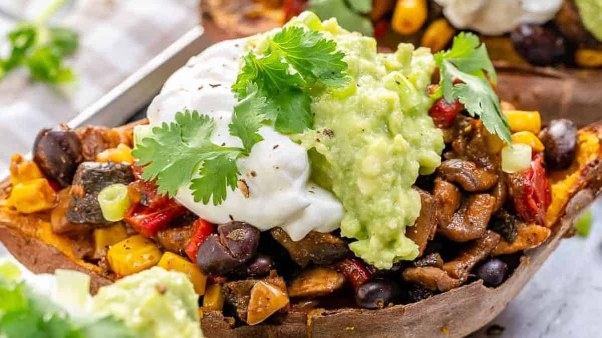 A serving of Healthy Vegetarian Taco Stuffed Sweet Potatoes.