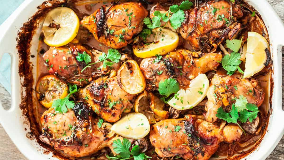 Lemon Garlic Roast Chicken in a baking dish.