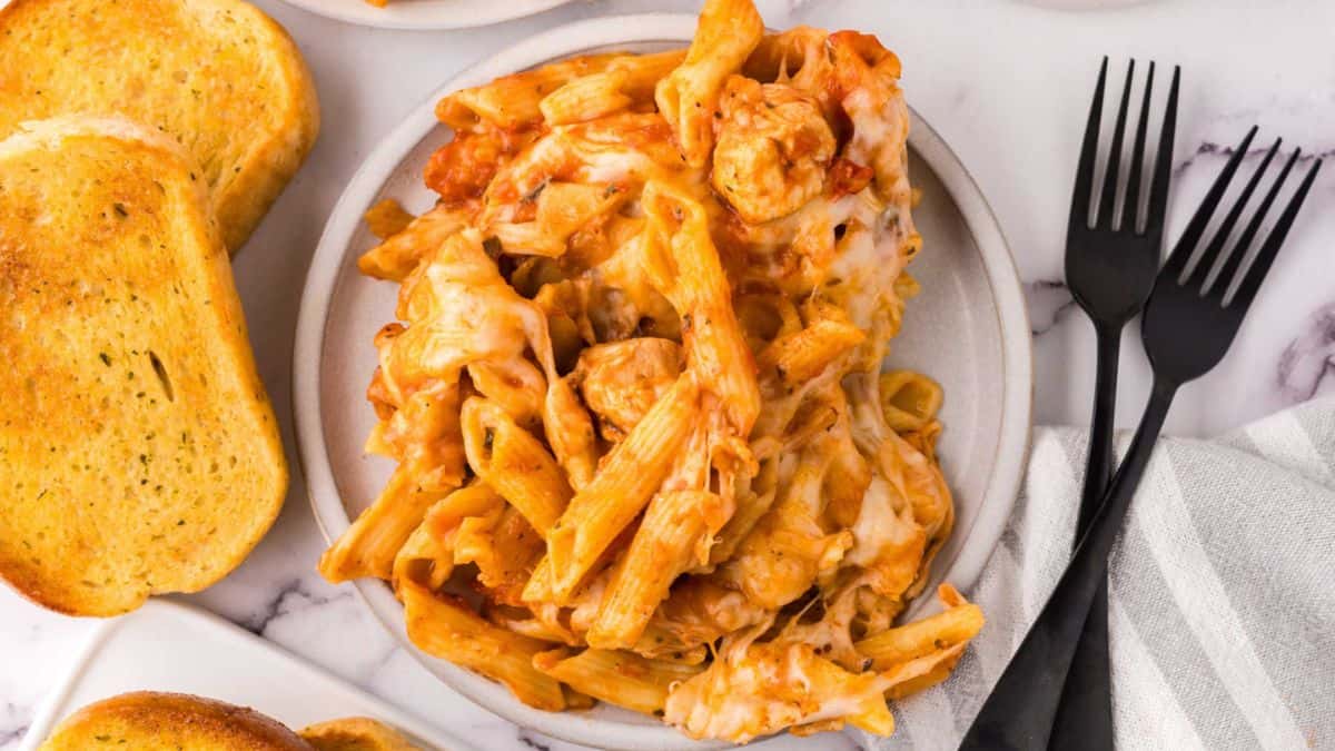 A serving of No Boil Chicken Pasta Bake.