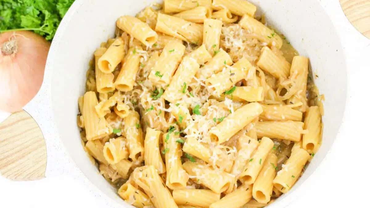French Onion Pasta in a pot.