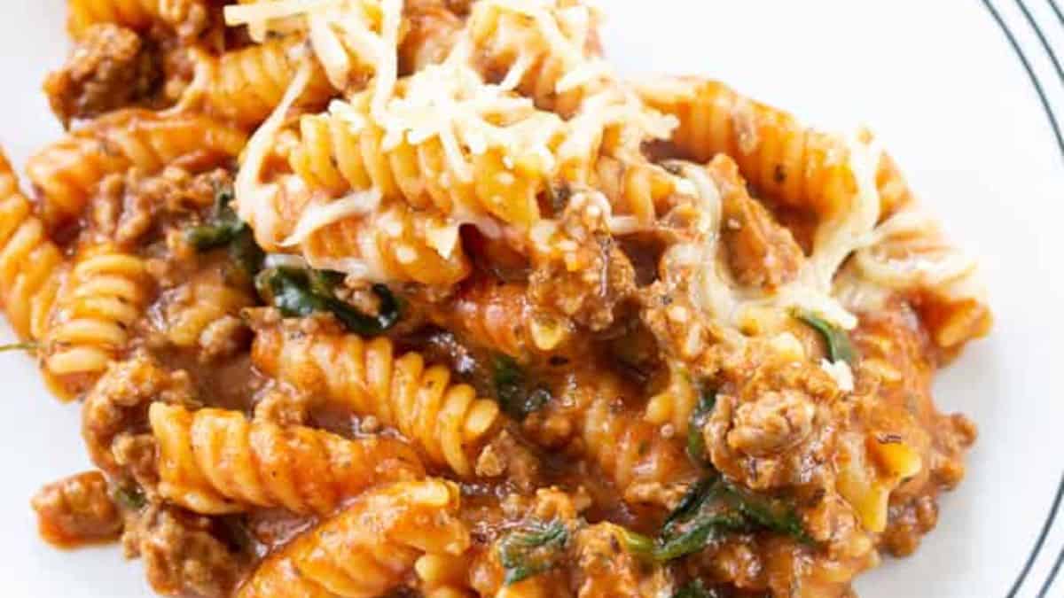 A serving of One Pot Meaty Marinara Pasta.