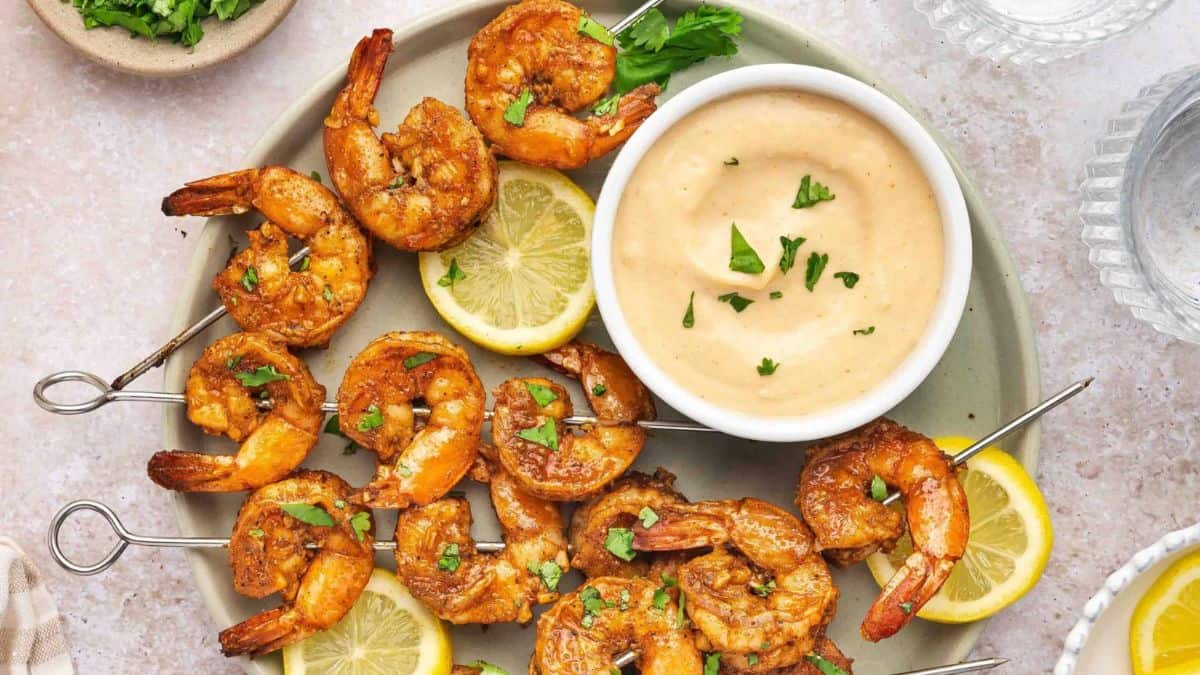 A few pieces of Oven Shrimp Skewers With Old Bay Seasoning.