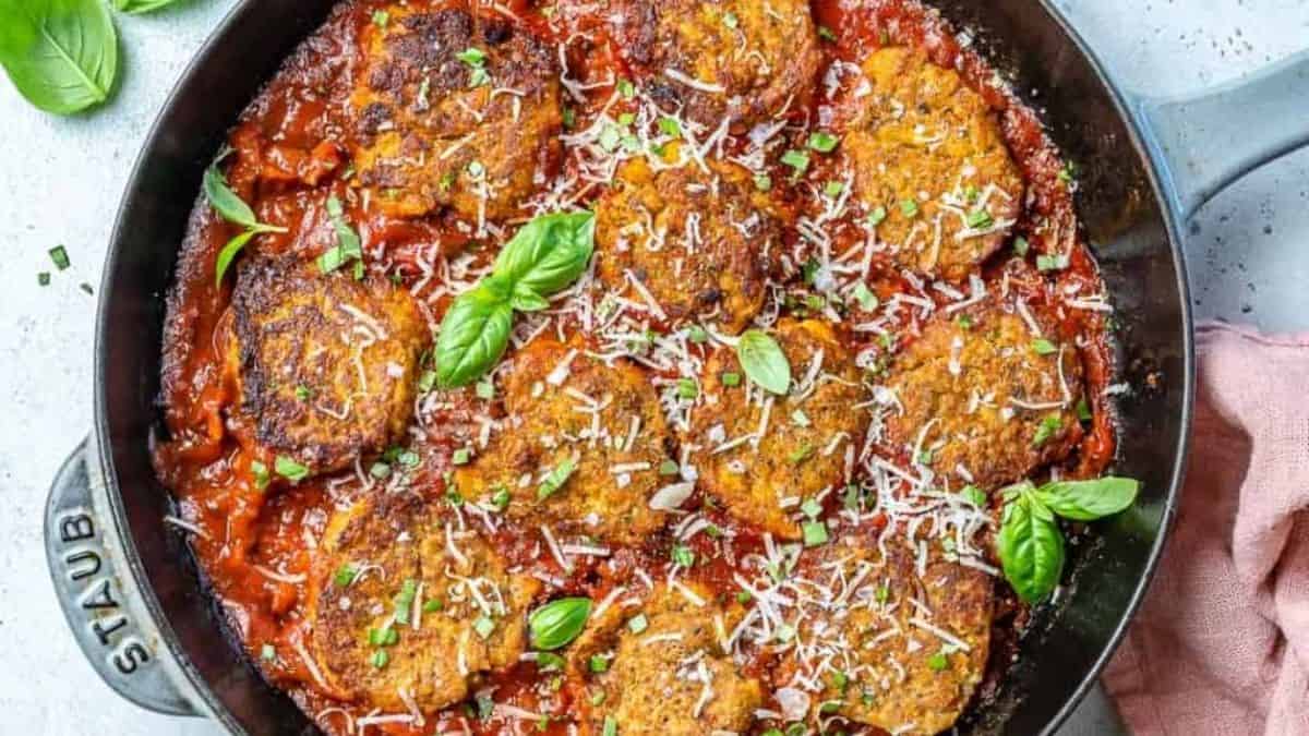 Vegetarian Meatballs in a cast-iron skillet. 
