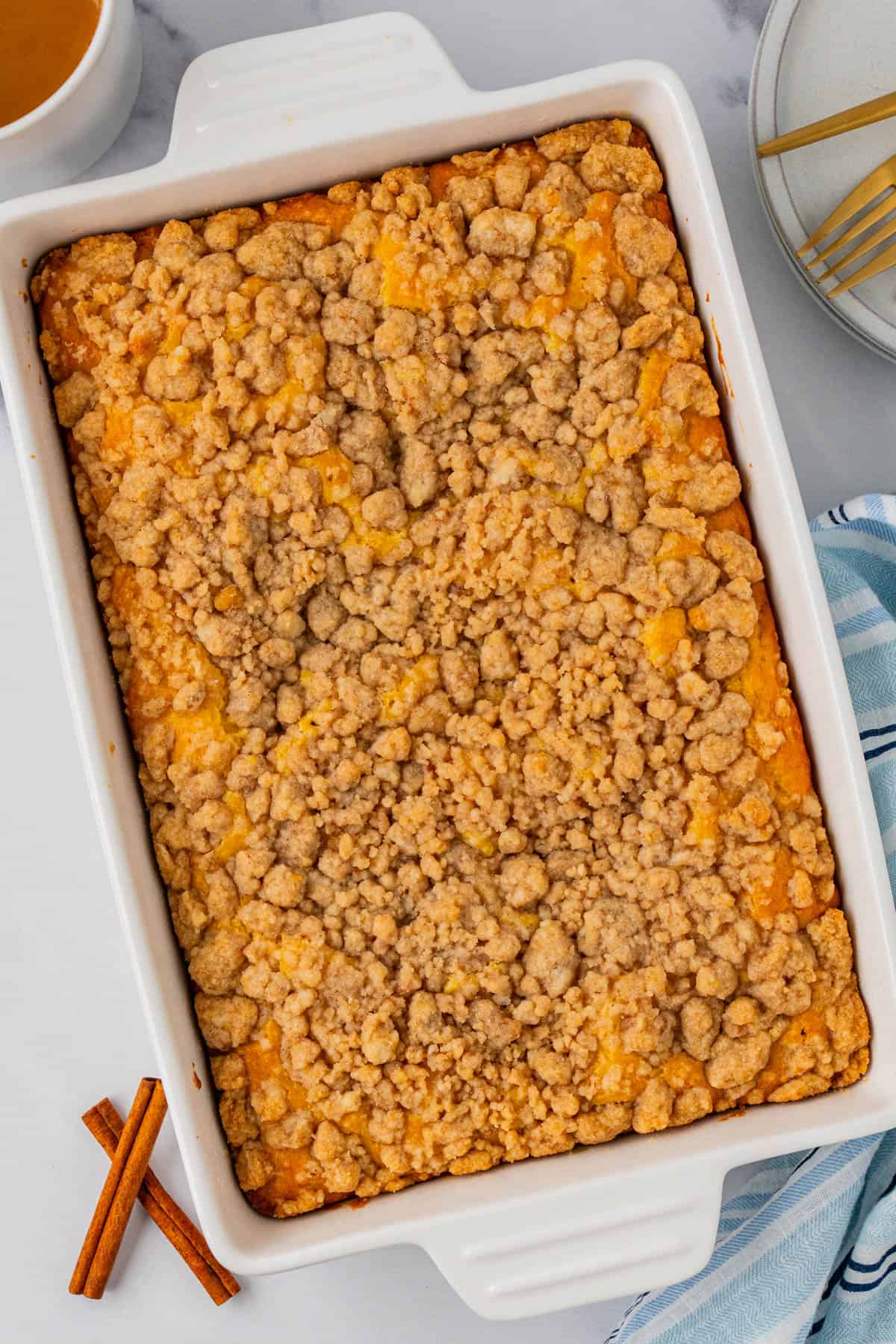 Cake Mix Coffee Cake With Yellow Cake in a casserole dish. 