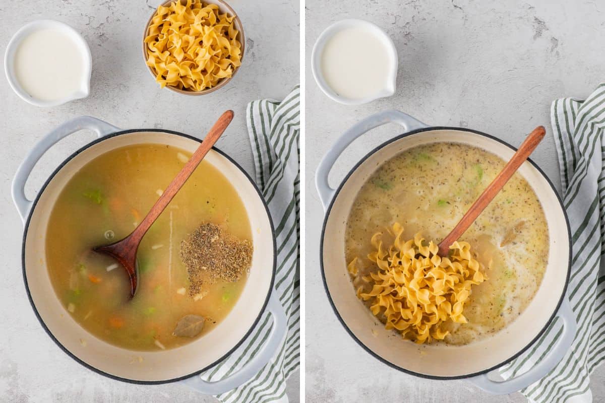 Collage Photo: Left: A pot with chicken broth with wooden spoon, bay leaf, pepper. Right: A pot with chicken broth with wooden spoon, bay leaf, pepper and egg noodles. 