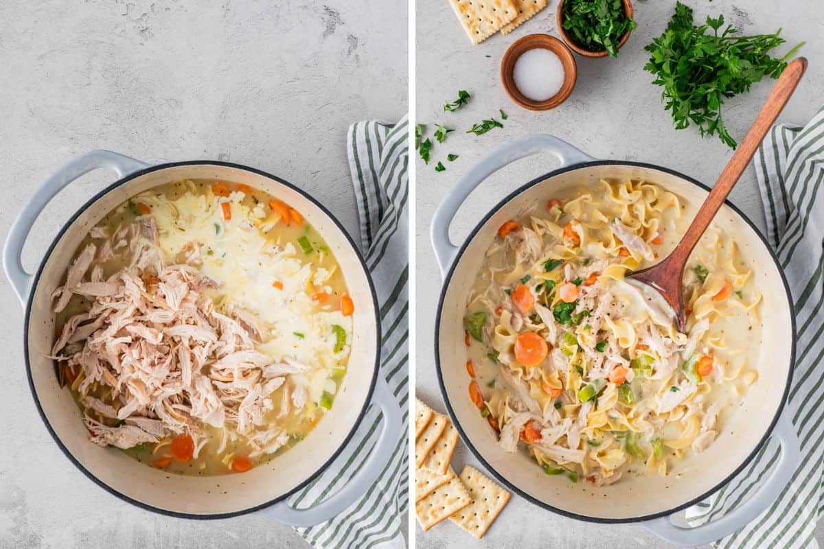 Collage Photo: Left: A pot with chicken broth with shredded chicken. Right: : A pot of Creamy Chicken Noodle Soup with Rotisserie Chicken.