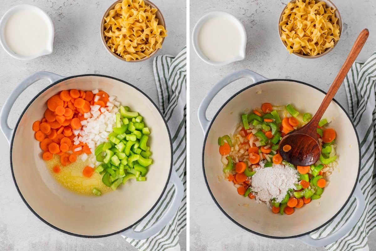 Collage Photo: Left: in a pot sauté celery, carrots, onions. Right: A pot with  celery, carrots, onions and all purpose flour with wooden spoon. 