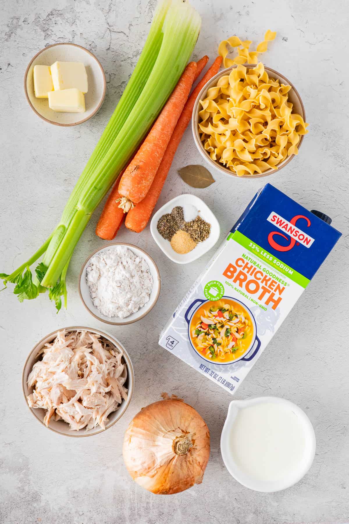 Ingredients: celery, carrots, heavy cream, spices, bay leaf, chicken stock, egg noodles, all purpose flour, onion, shredded chicken, half & half