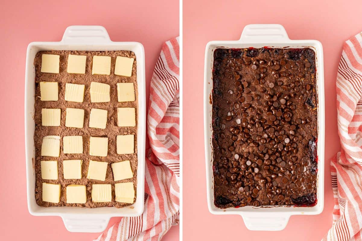 A butter cut in squareslayer over the top of cake mix and the cooked Chocolate Cherry Dump Cake