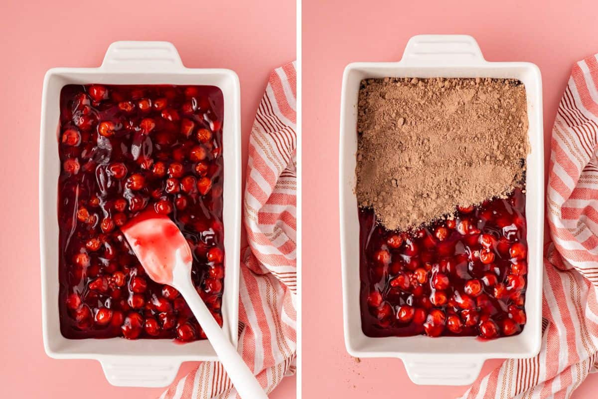 a baking dish with cherry spread on them. And chcolate cake mix dump on the baking dish with cherries.