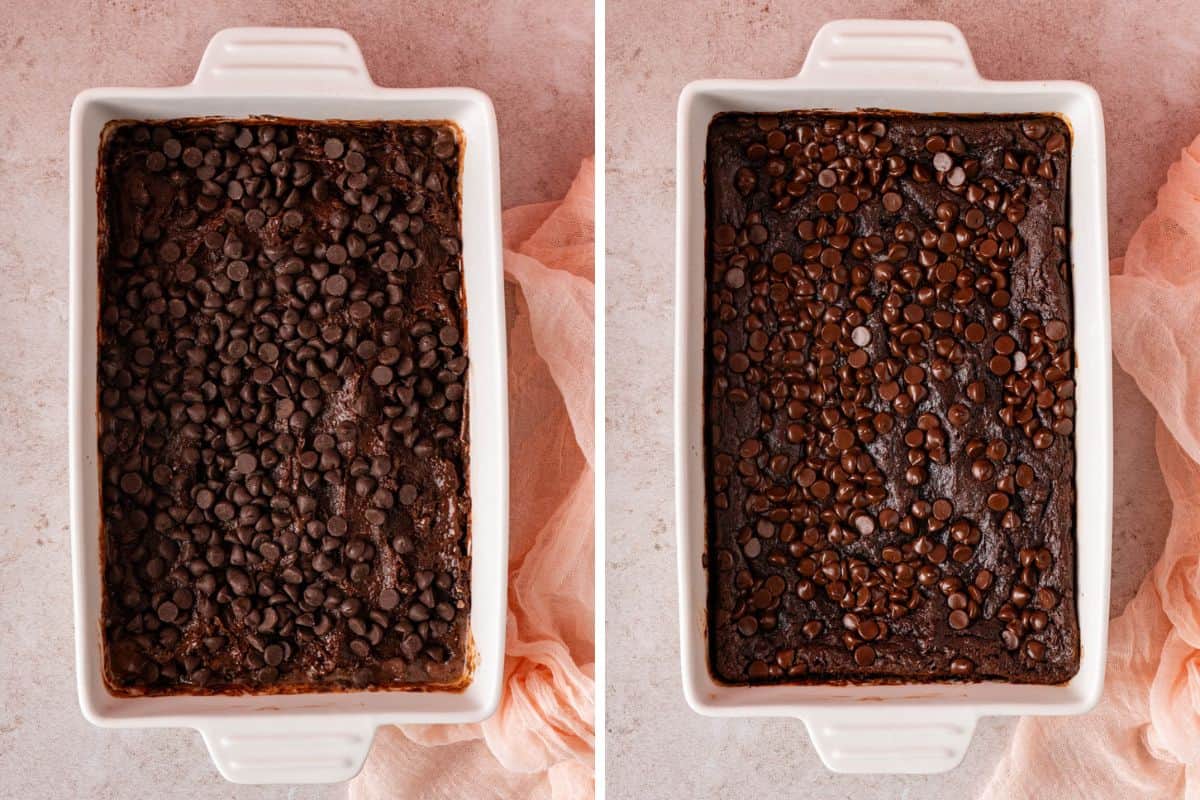 cake batter in the baking dish and freshly baked Chocolate Dump Cake With Pudding