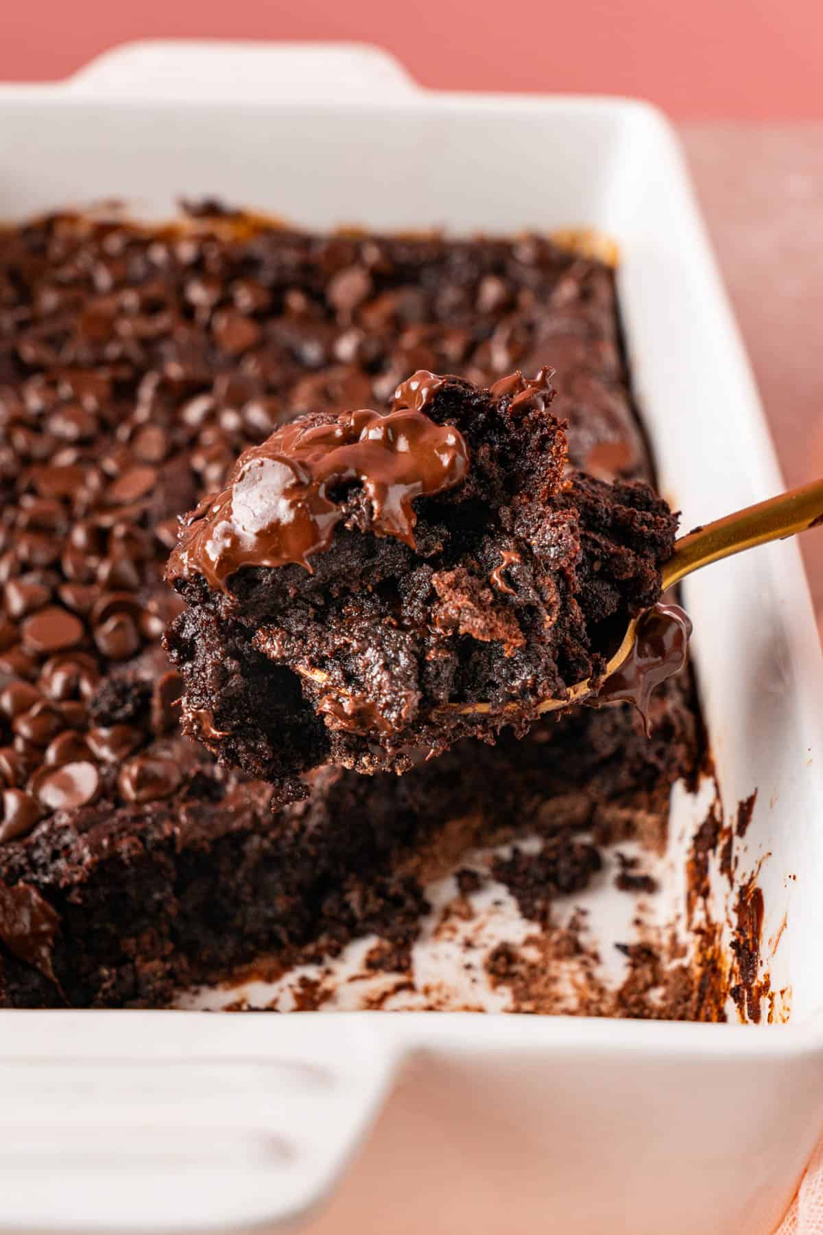 A spoonful of Chocolate Dump Cake With Pudding