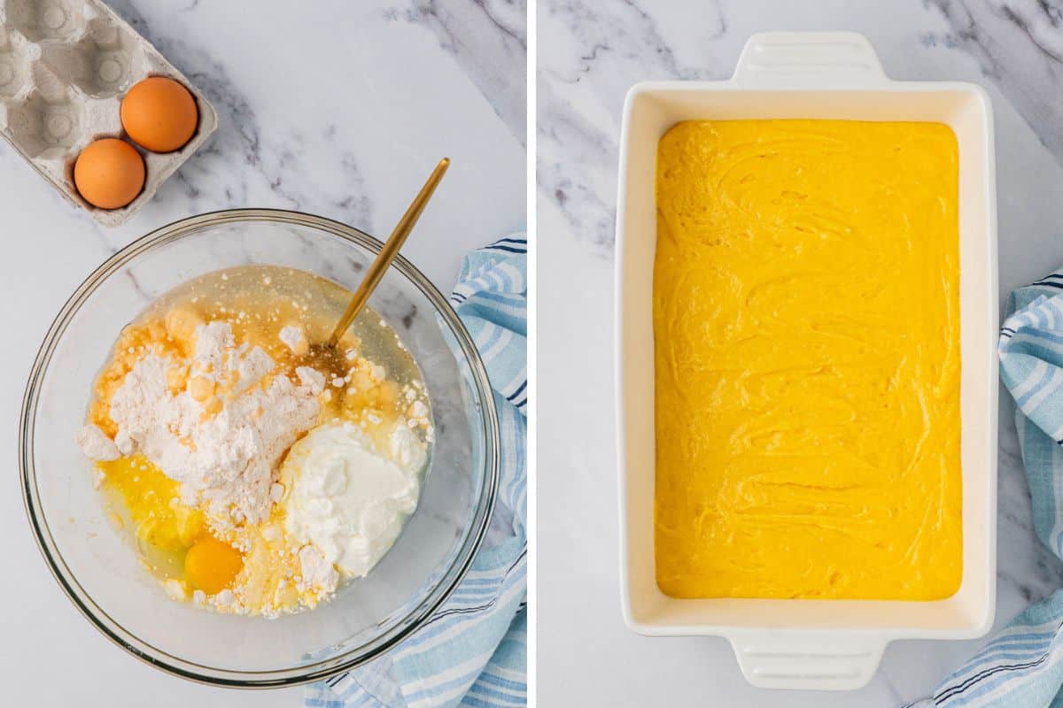 Side-by-side photo: Left:  in a separate bowl ingredients for the base cake. is mixed in a clear glass bowl using a wooden spoon. Right: the prepared batter poured on a casserole dish. 