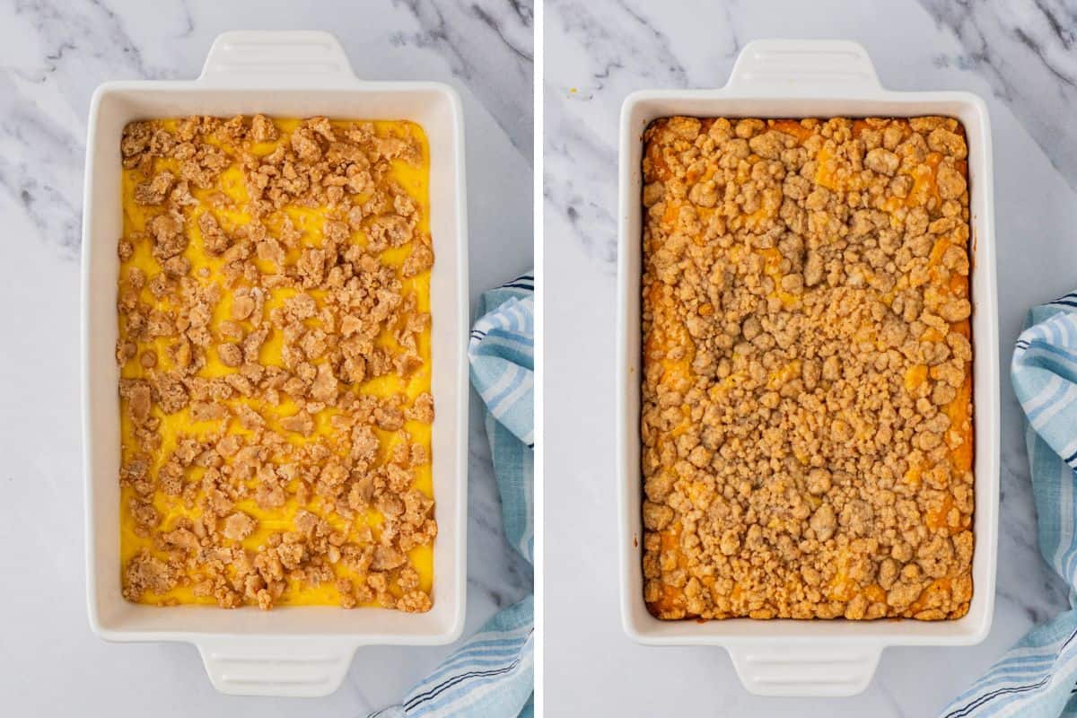 Side-by-side photo: Left: adding the crumbs on the top layer of the batter. Right: Golden Baked Coffee cake Mix Cake. 