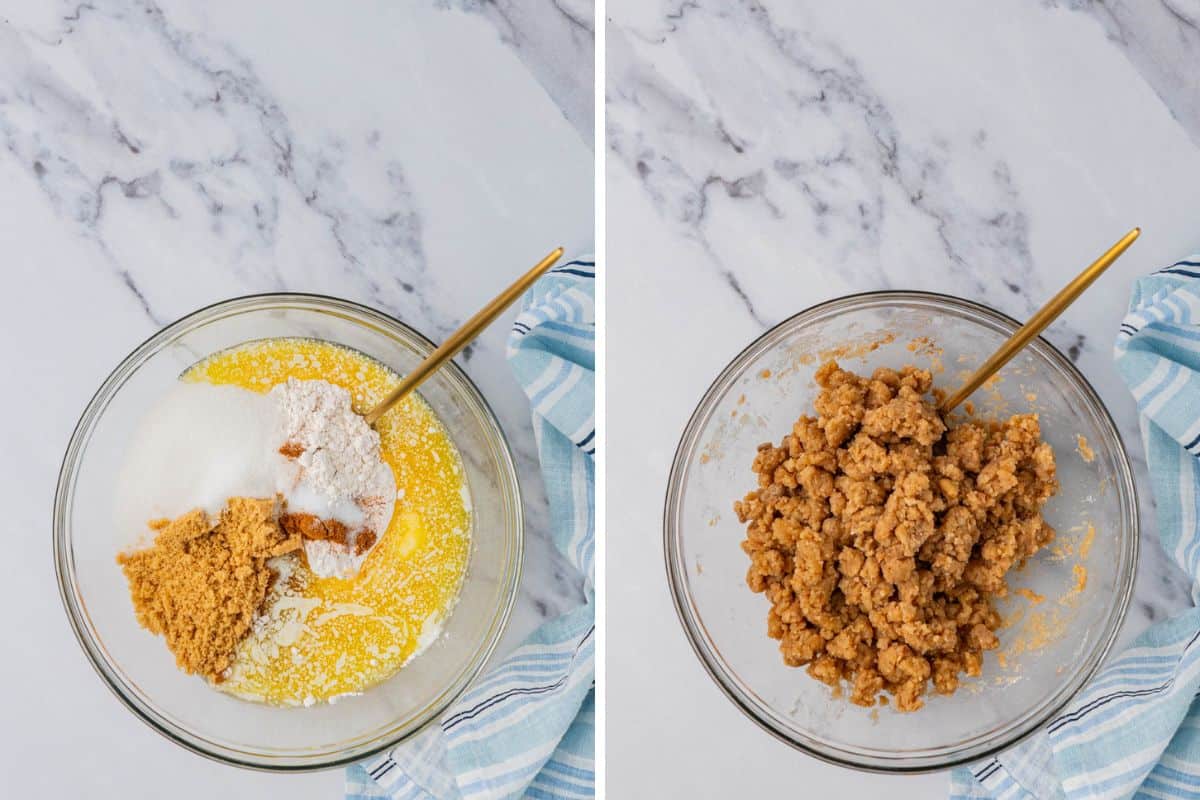 Side-by-side photo: Left: Mixing in the cooled melted butter to the dry ingredients mix in a clear glass bowl. Right: loose crumbs formed in the clear glass. 