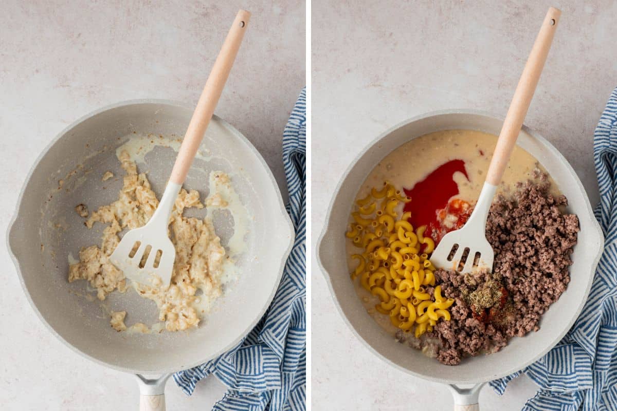 Collage Photo: Left: Roux mixed in the pot with a plastic wooden spatula. Right: In a pot, macaroni, macaroni, meat, and tomato sauce mixed with spatula. 