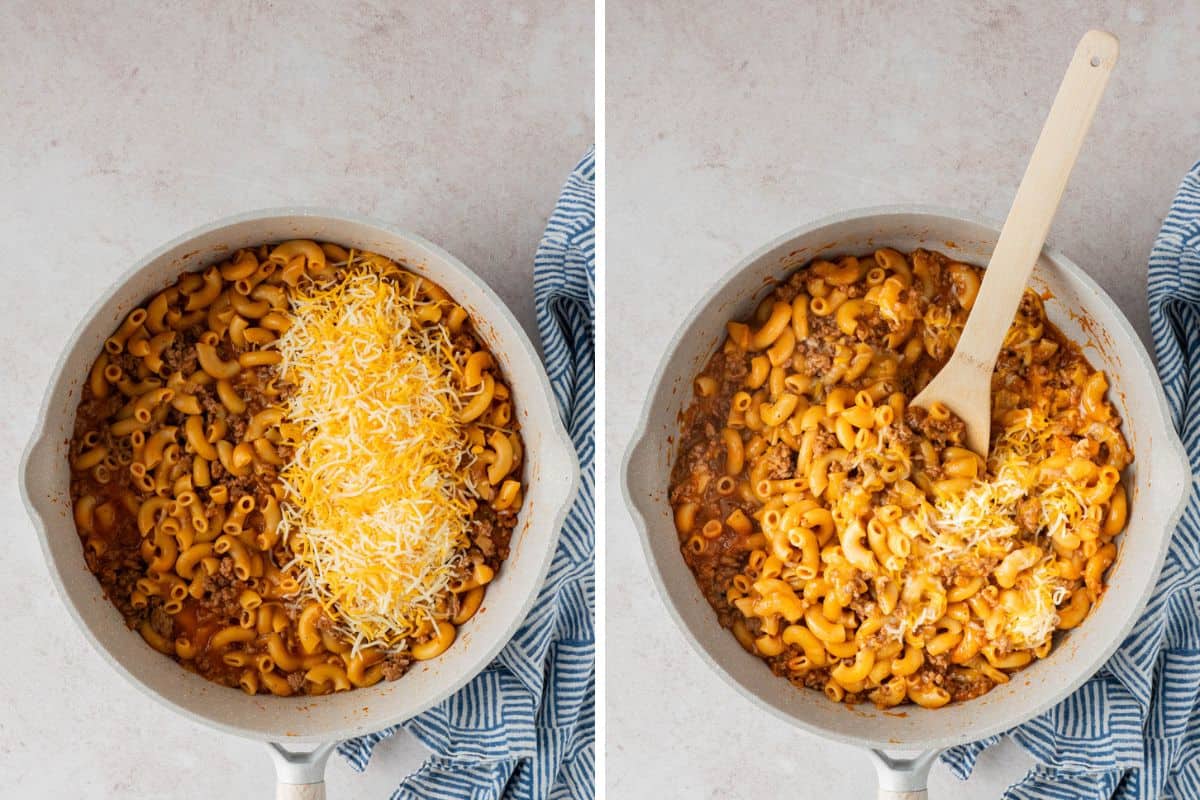 Collage Photo. Left: A pot filled with cooked hamburger helper with shredded cheese. Right: hamburger helper mixed using a spatula. 
