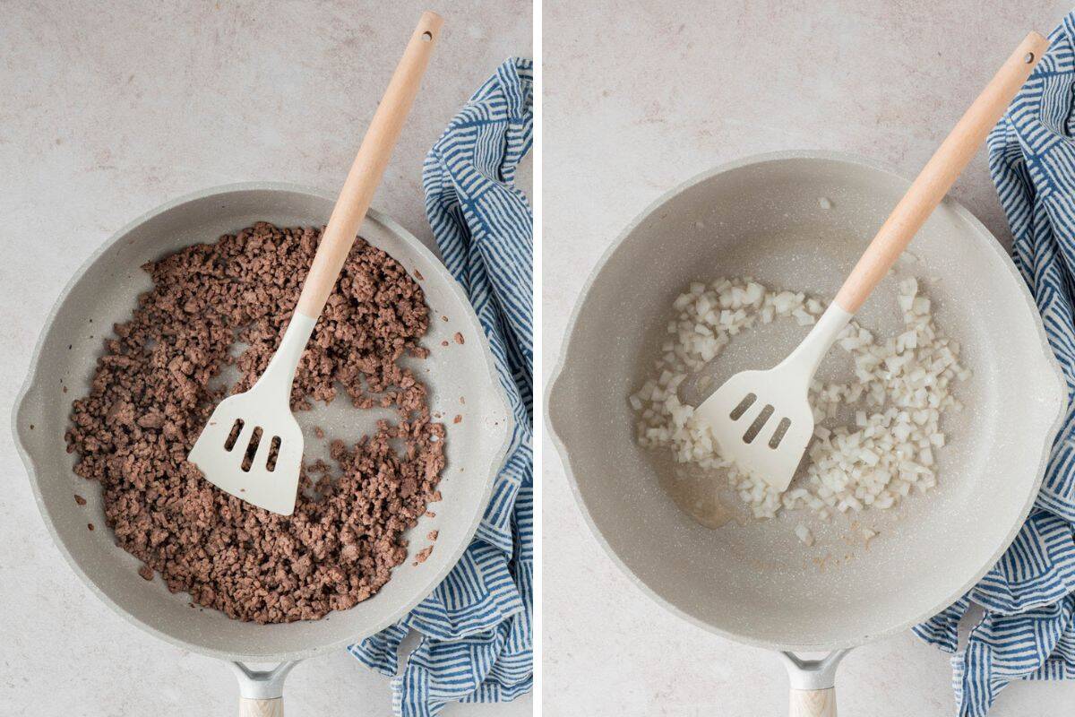 Collage Photo: Left: Ground meat in a pot with a plastic wooden spatula. Right: Saut&eacute;ed onion on a pot with a plastic and wooden spatula. 