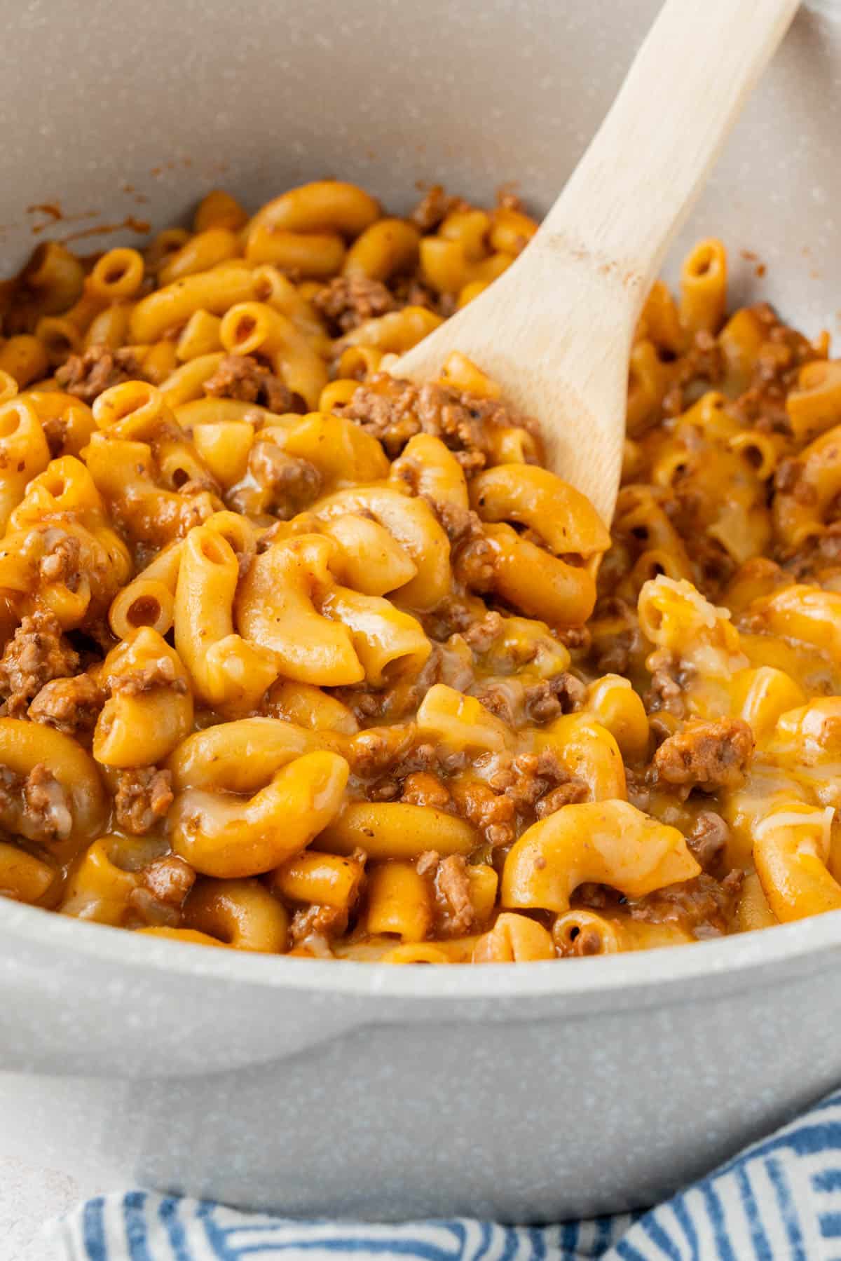 A close up shot of hamburger helper. 