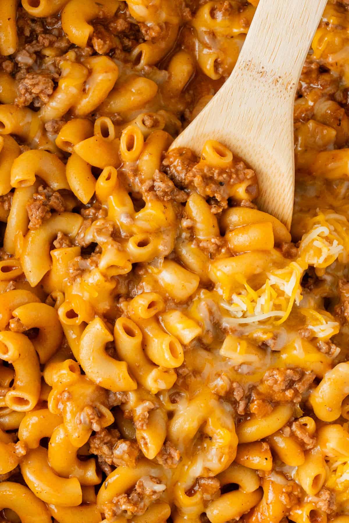 A close -up shot of Homemade Cheesy Hamburger Helper.
