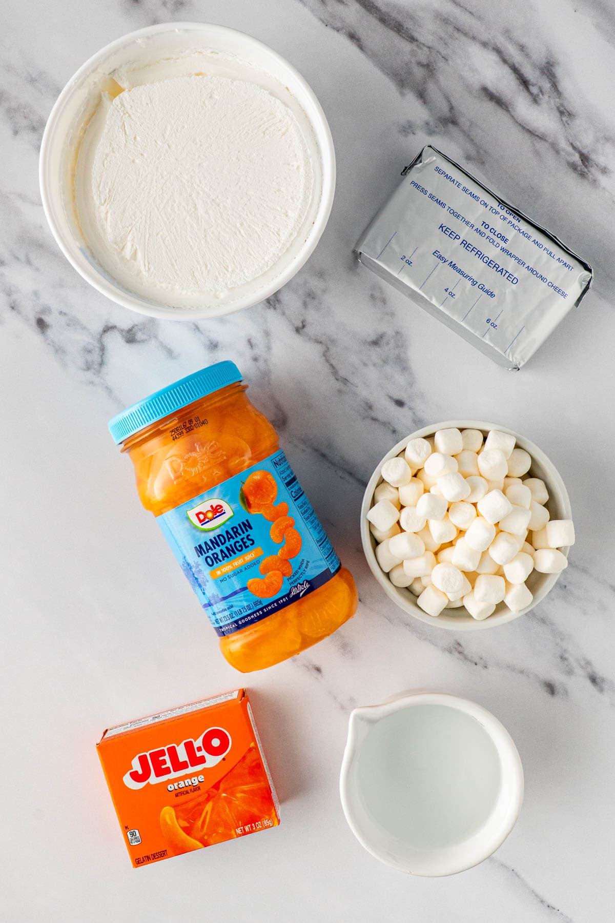 imgredients to make Creamsicle Orange Fluff Jello Salad